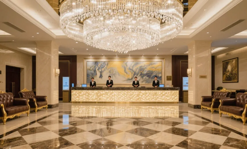 Elegant crystal chandelier enhancing a five star hotel lobby’s luxurious ambiance Elegant crystal chandelier enhancing a five star hotel lobby’s luxurious ambiance