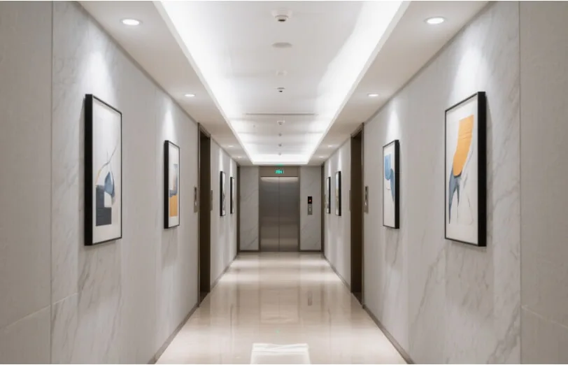 Energy efficient LED downlights providing uniform lighting in a modern hotel hallway Energy efficient LED downlights providing uniform lighting in a modern hotel hallway