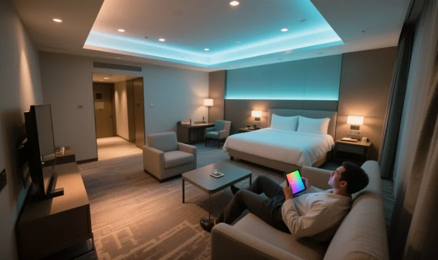 Hotel guest adjusting LED color temperature via a smart tablet interface. Hotel guest adjusting LED color temperature via a smart tablet interface.